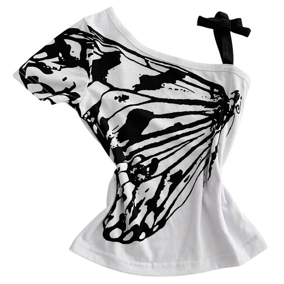 The Unbranded Brand Tops - White Butterfly Wing One Shoulder Graphic Top with Black Bow Strap Asymmetric